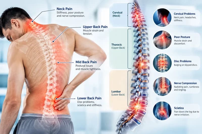 Guide to back pain by spinal region — cervical, thoracic and lumbar — with disc problems, nerve compression and sciatica