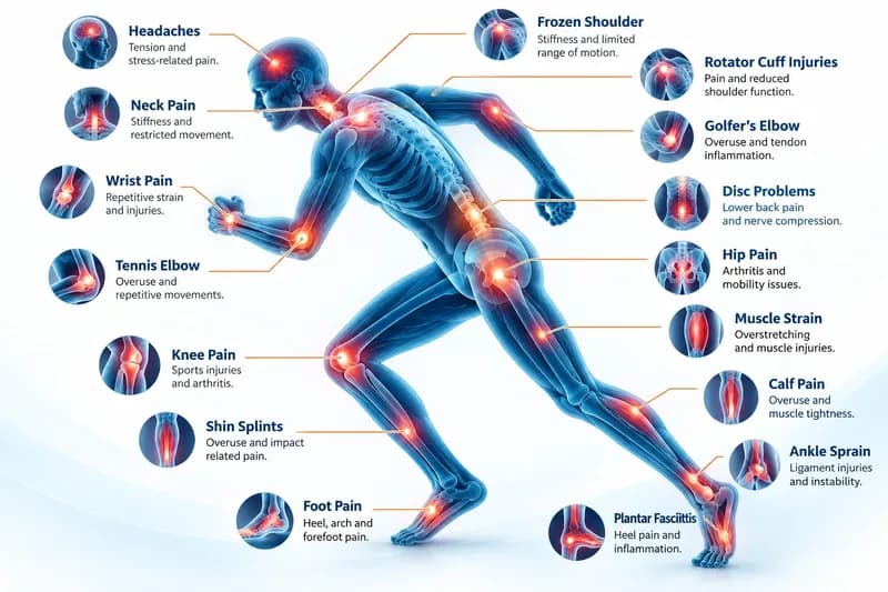 Illustrated runner showing common pain points from headaches and neck pain to knee pain, shin splints and plantar fasciitis