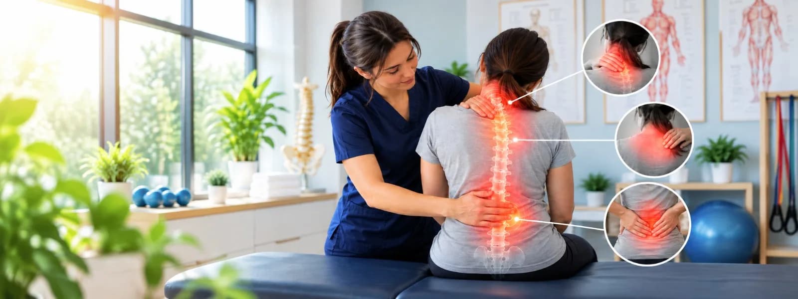 Osteopathic practitioner assessing a seated client's neck and lower back at Mayfield Therapeutics, Brampton